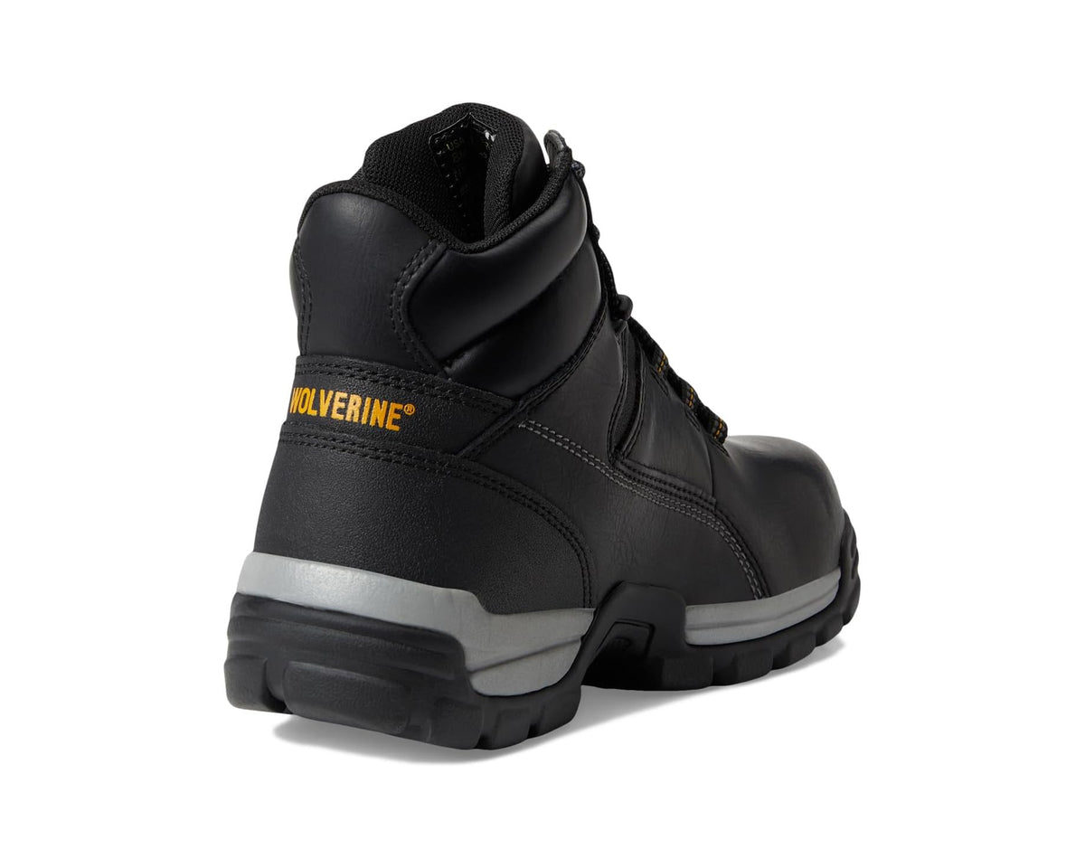 Black work boot heel and side view with pull tab, cushioned collar, and tread sole