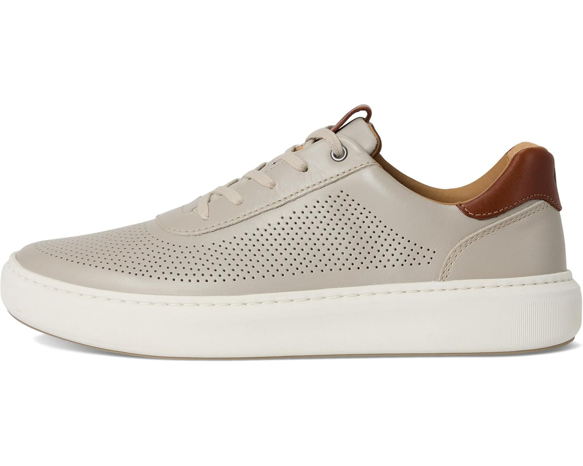 Beige Johnston & Murphy men's low-top sneakers with brown leather heel detail