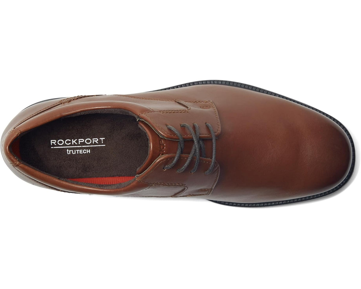 Rockport TrueTech insole lining visible in British tan plain-toe Oxford shoe