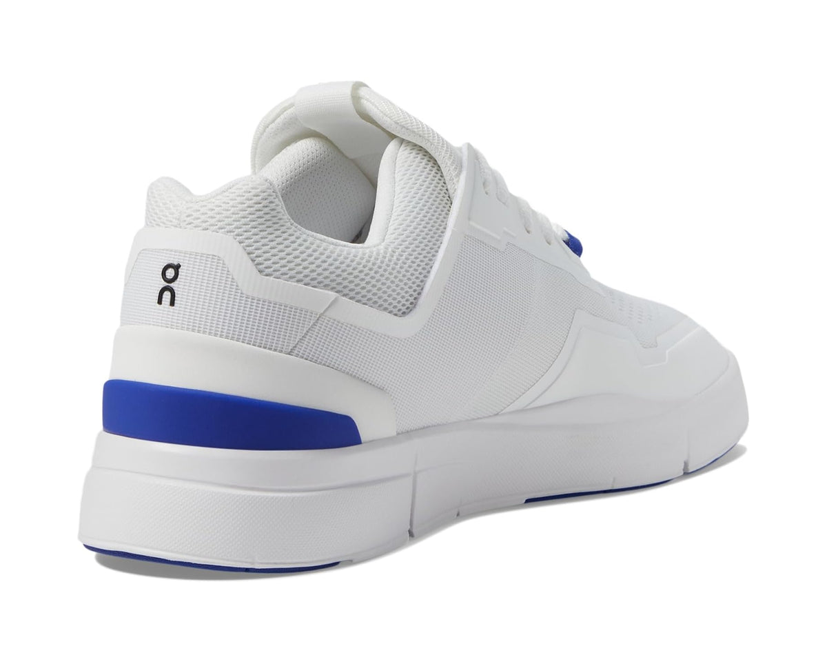 Men's white sneakers with blue heel stripe and cushioned collar