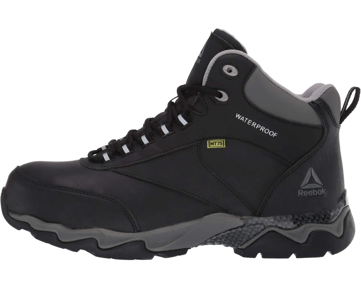Men's waterproof work boots, black side view with lace-up closure and waterproof label