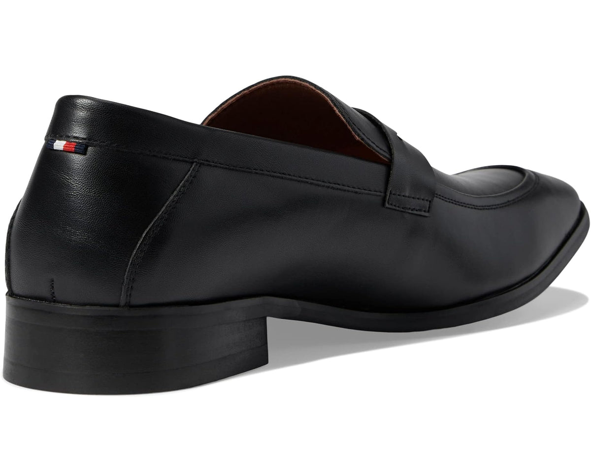 Men's black leather loafer heel with side logo tab and brown insole