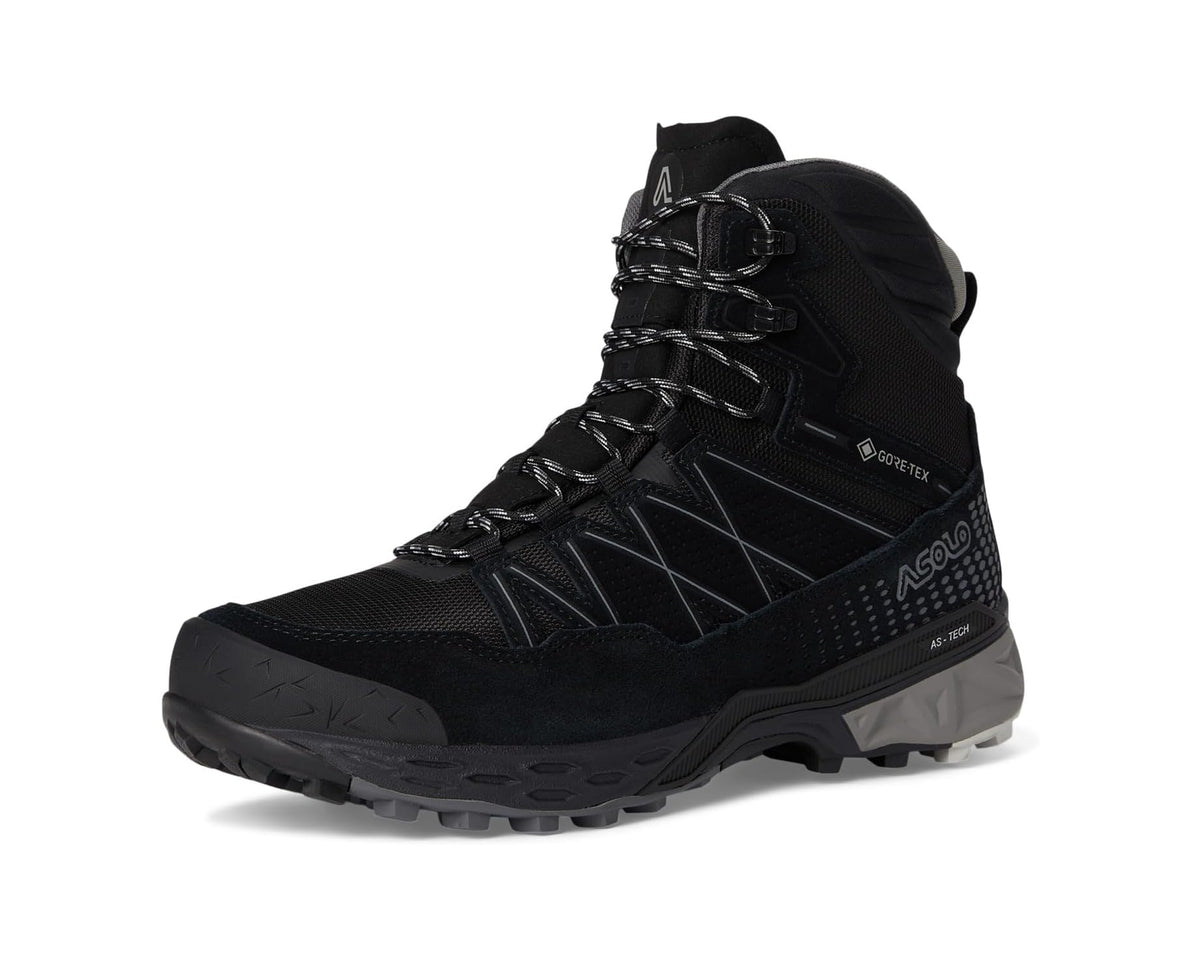Men's black lace-up winter hiking boot side view with Asolo branding and tread sole
