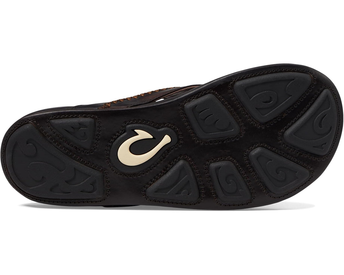 OluKai men's flip-flop outsole in dark brown with tread and logo