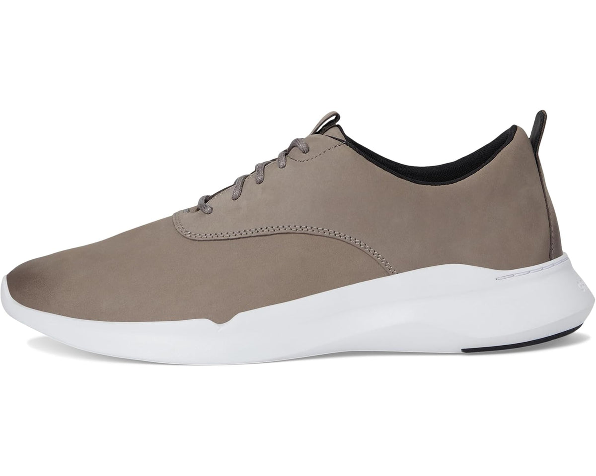 Grey nubuck low-top sneakers with lace-up front and white midsole