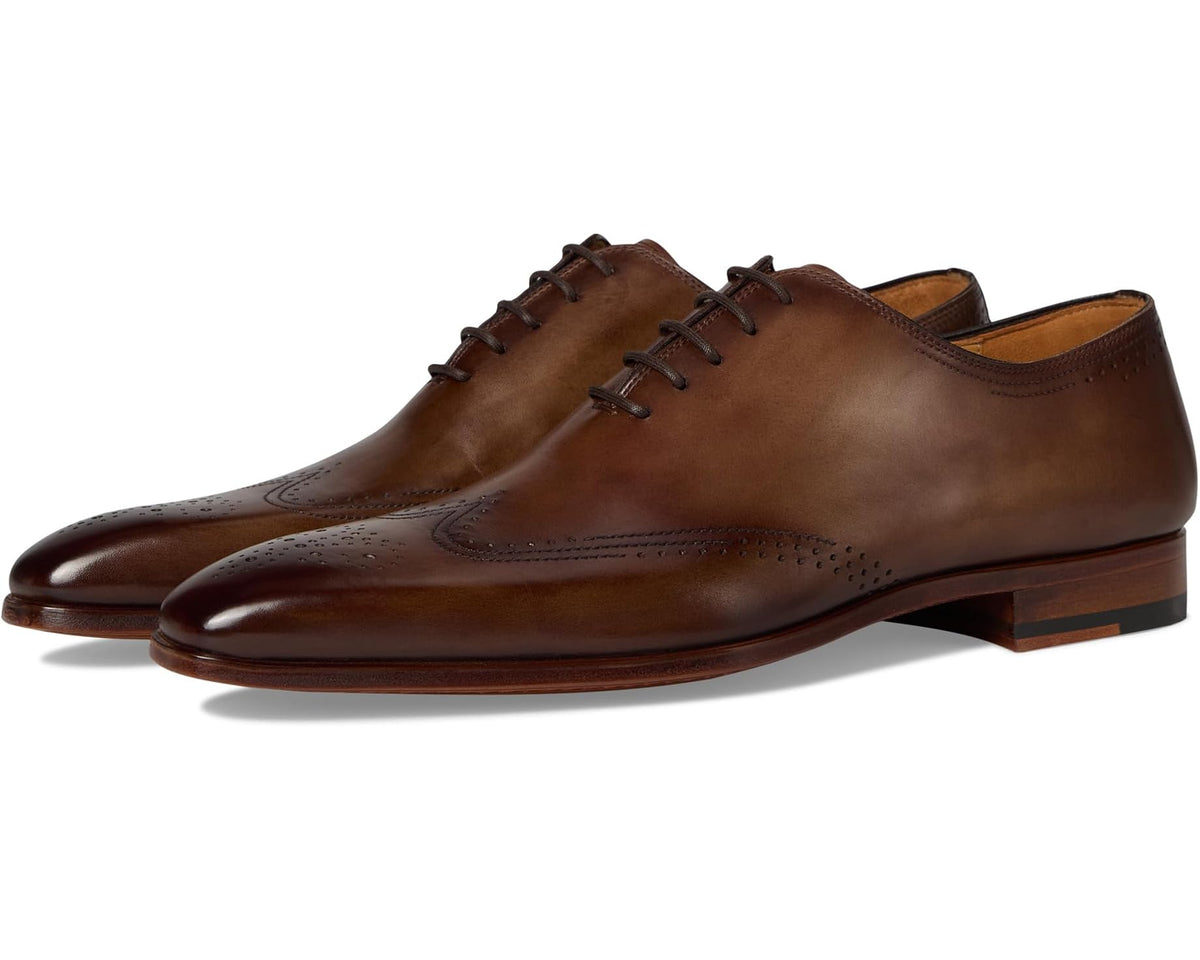 Men's taupe-brown leather oxford dress shoe with lace-up and wingtip perforations