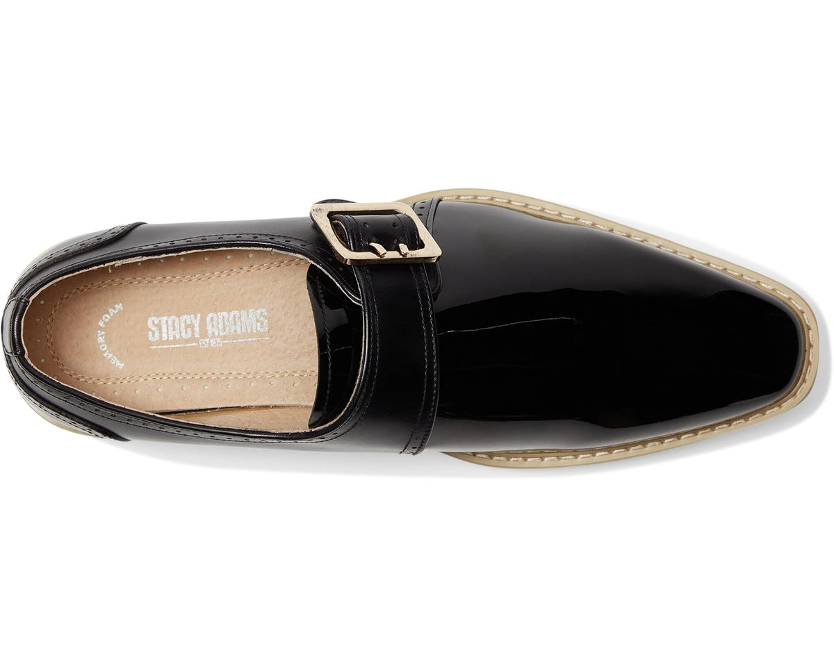 Men's black monk strap shoe with open collar, tan lining, and square buckle