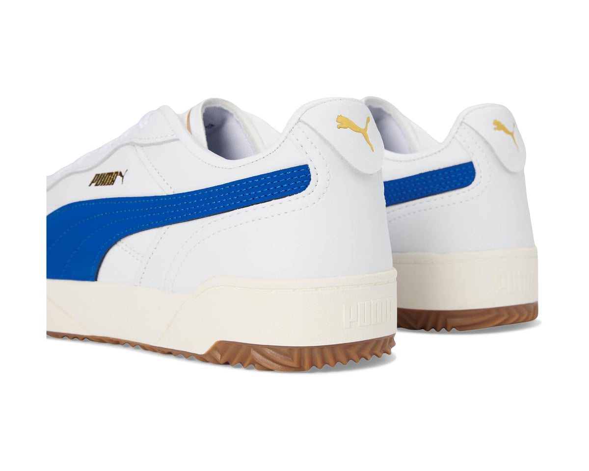 Pair of men's white PUMA sneakers with blue side stripes and gum outsoles