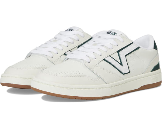 Vans unisex low-top sneakers, white with dark green V side stripes and gum rubber sole.
