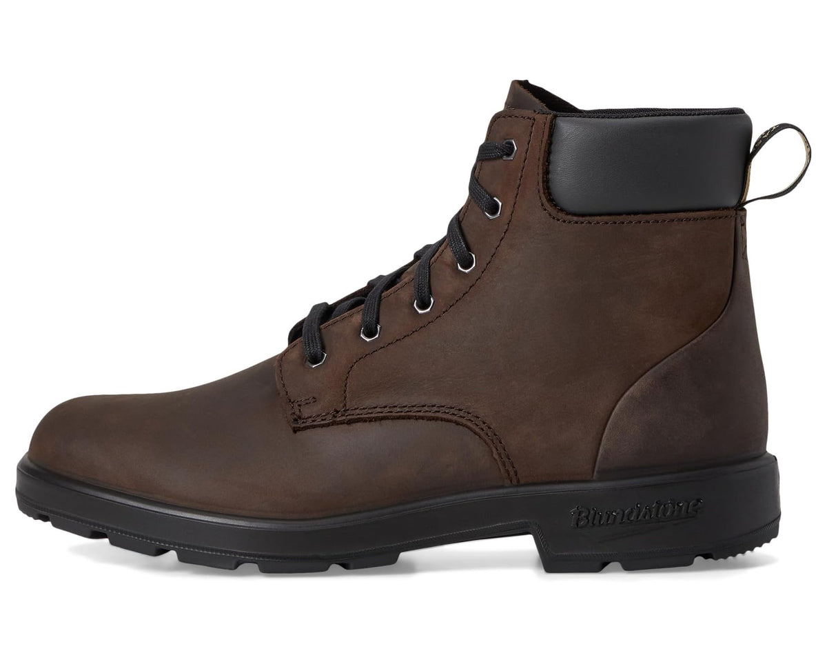 Unisex Blundstone brown suede ankle boots, side profile with pull-on loop and laces