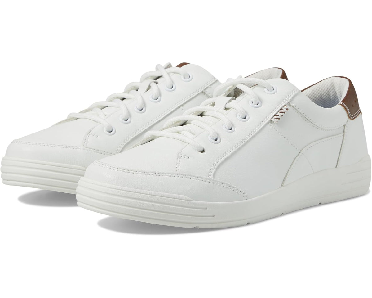 Men's white lace-up athletic oxford sneaker with padded tongue and stitched panels