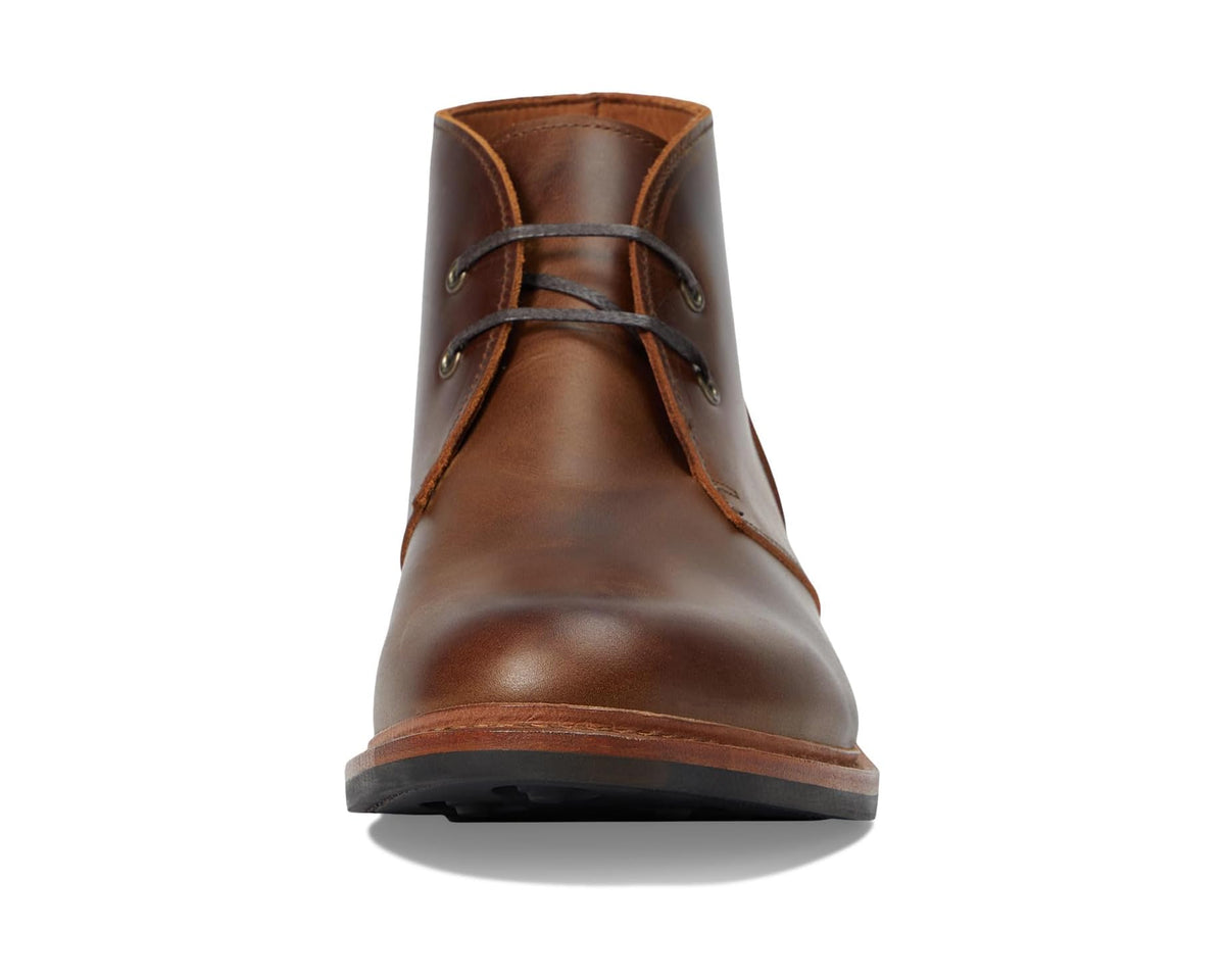 Pecan-brown leather lace-up ankle boot with round toe and padded collar