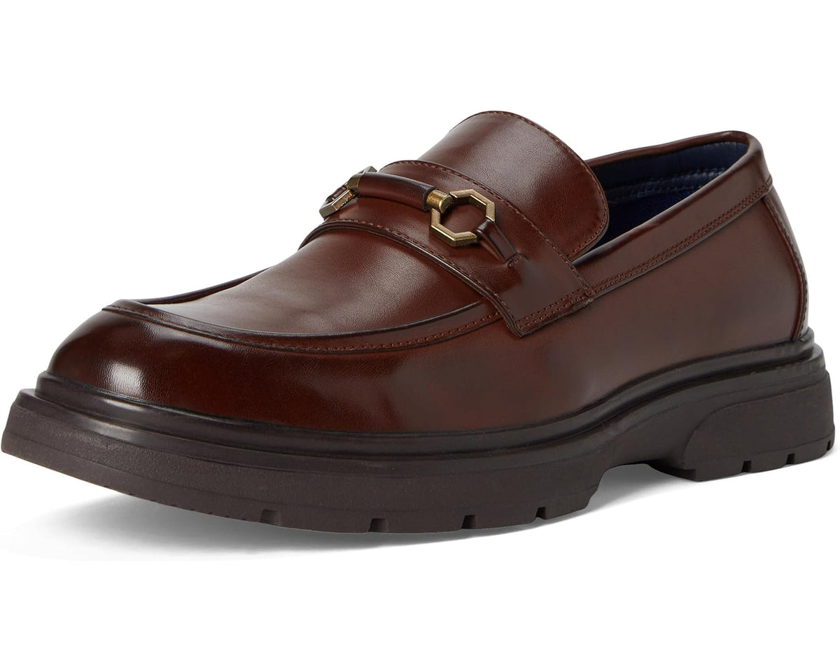 Mahogany leather slip-on loafer front view with buckle strap and lug sole