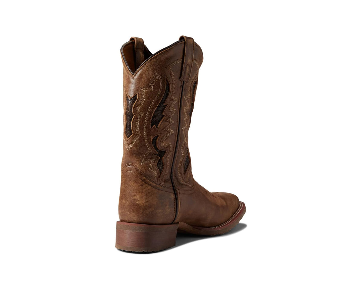 Tan men's cowboy boot with rear heel, pull-on tabs, and stitched shaft