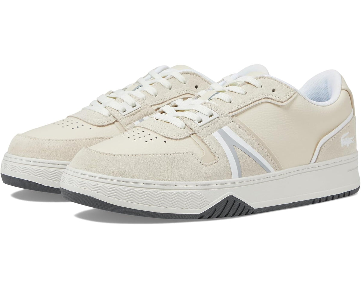 Off-white and grey low-top Lacoste L001 lace-up sneakers with textured side panels