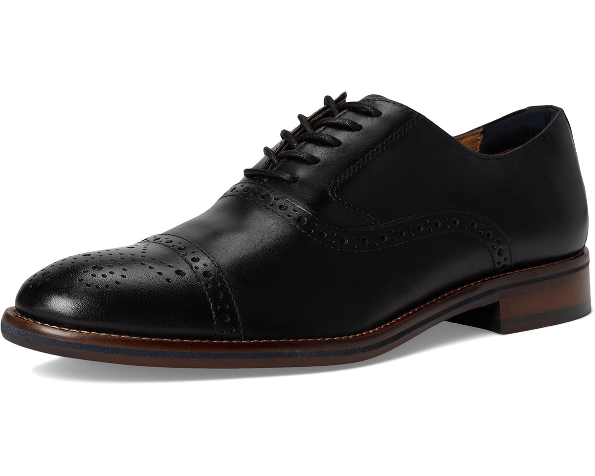 Black cap-toe lace-up oxford shoes with low stacked heel