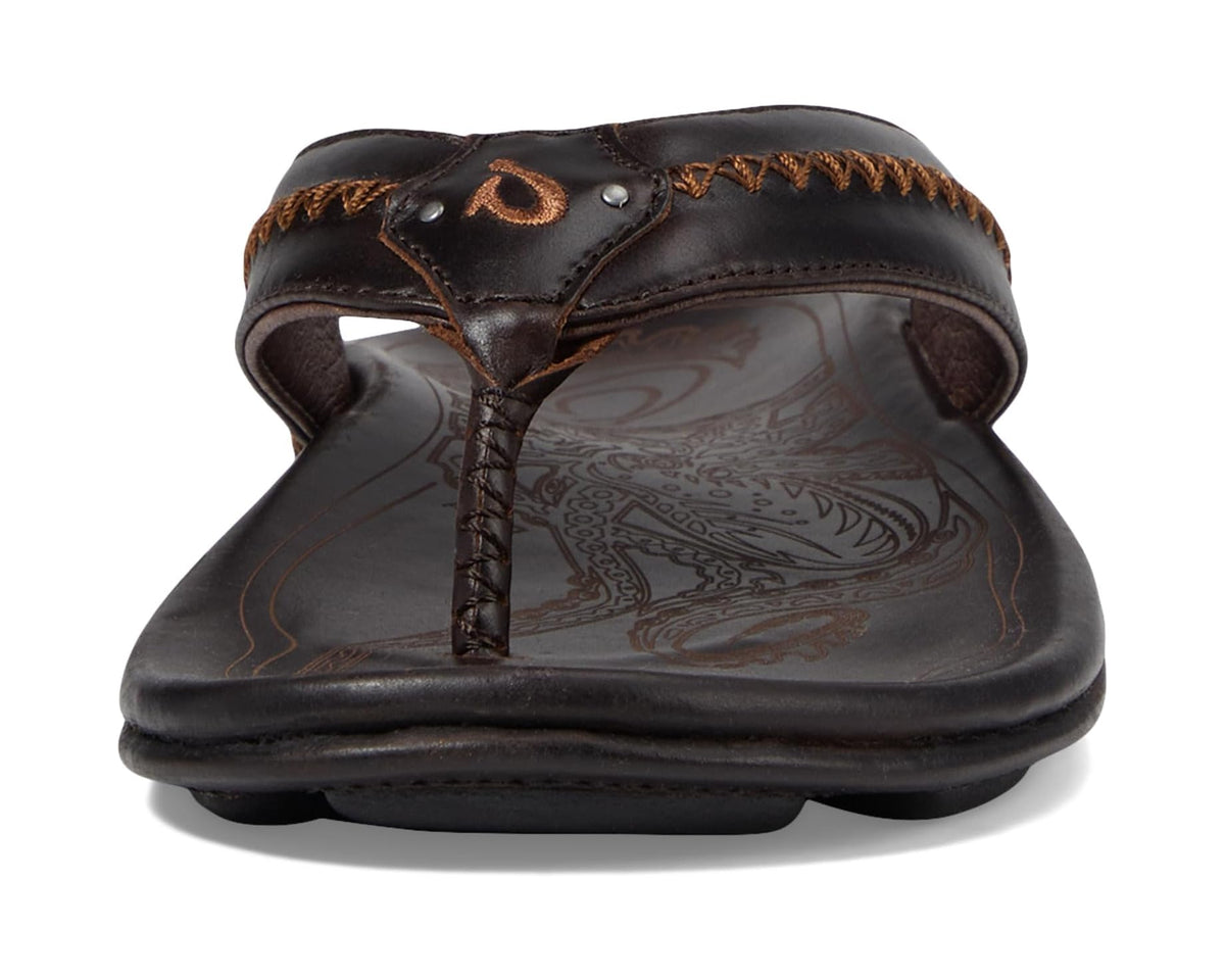 OluKai men's dark brown thong sandals with stitched leather upper and logo details