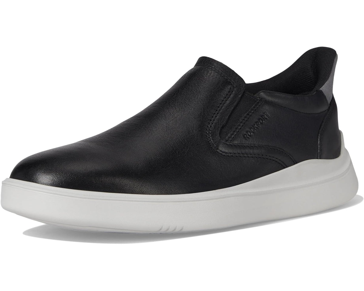 Black leather slip-on sneaker front three-quarter view with white rubber sole