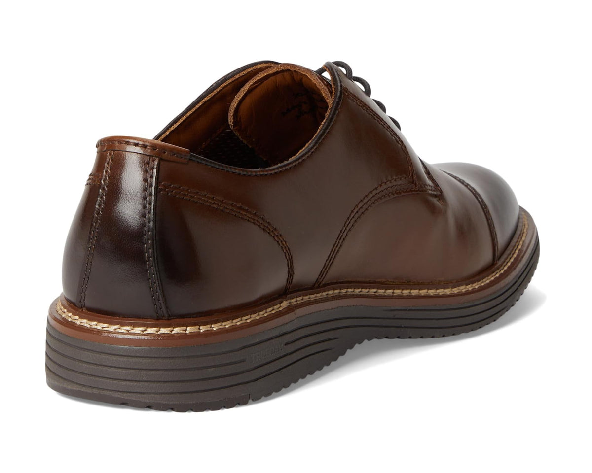 Johnston & Murphy cap-toe oxford shoe, tan leather, rear side view, lace collar