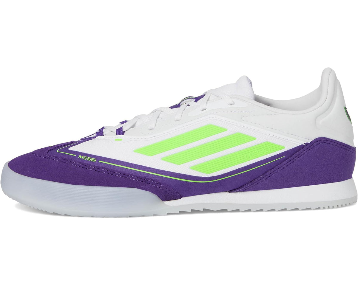 White indoor soccer cleat, neon green stripe detailing and purple side panel