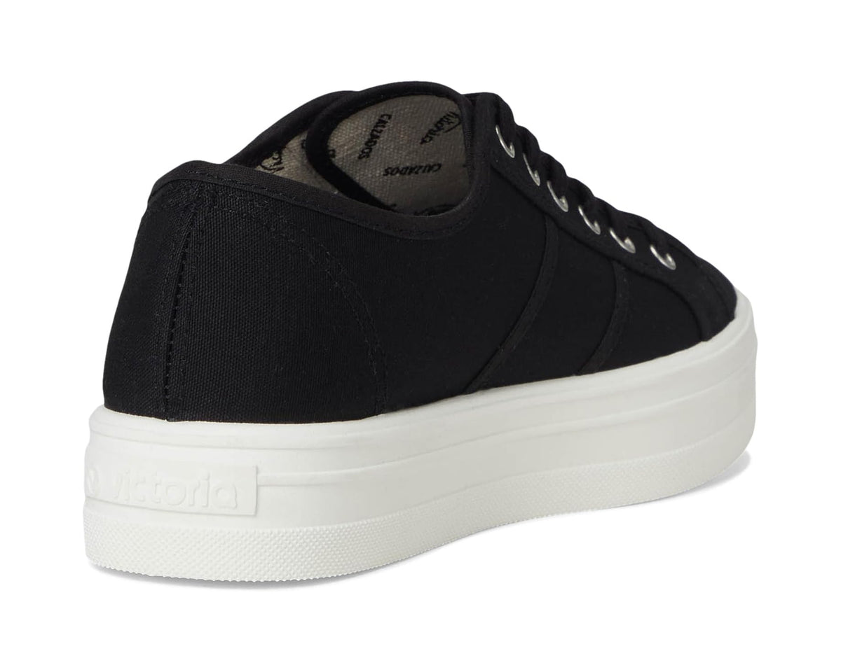 Black canvas sneaker heel with padded collar and white rubber platform sole