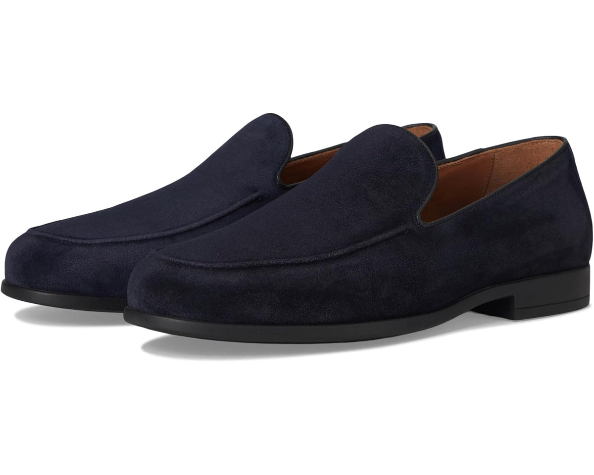 Navy suede men's slip-on loafer with low block heel