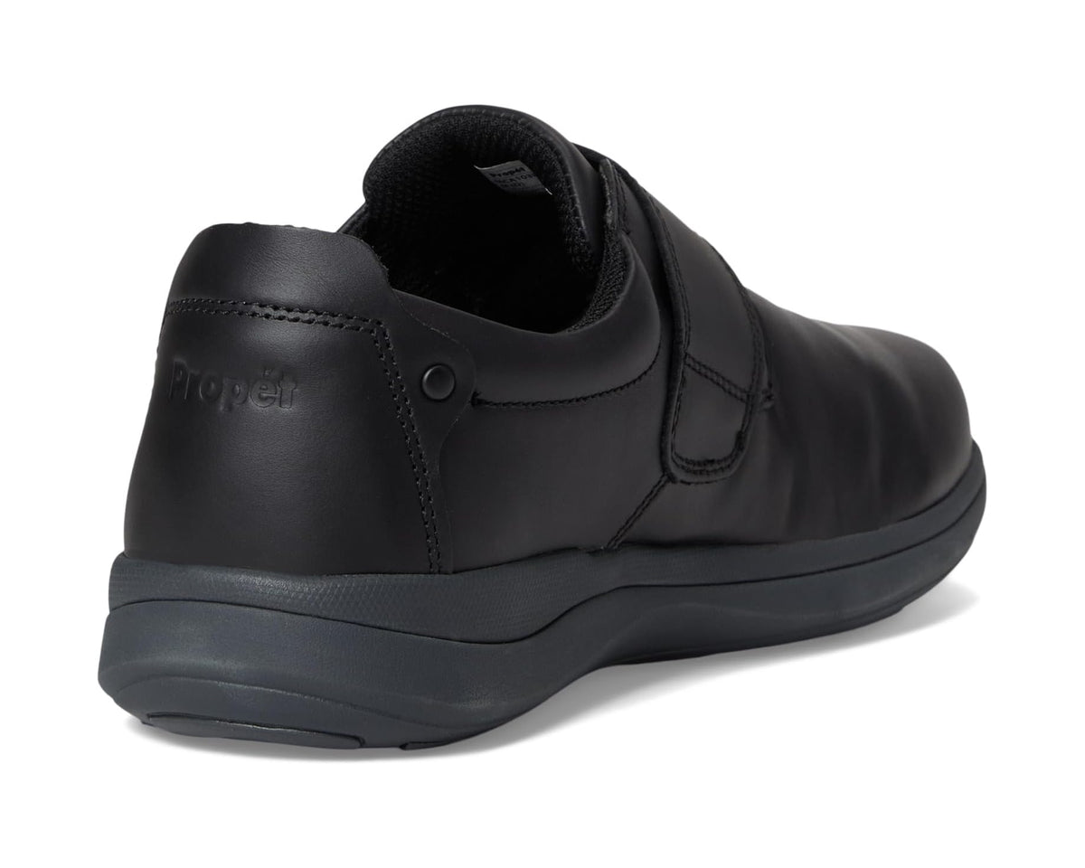 Men's black Propet shoe heel and side profile with cushioned collar