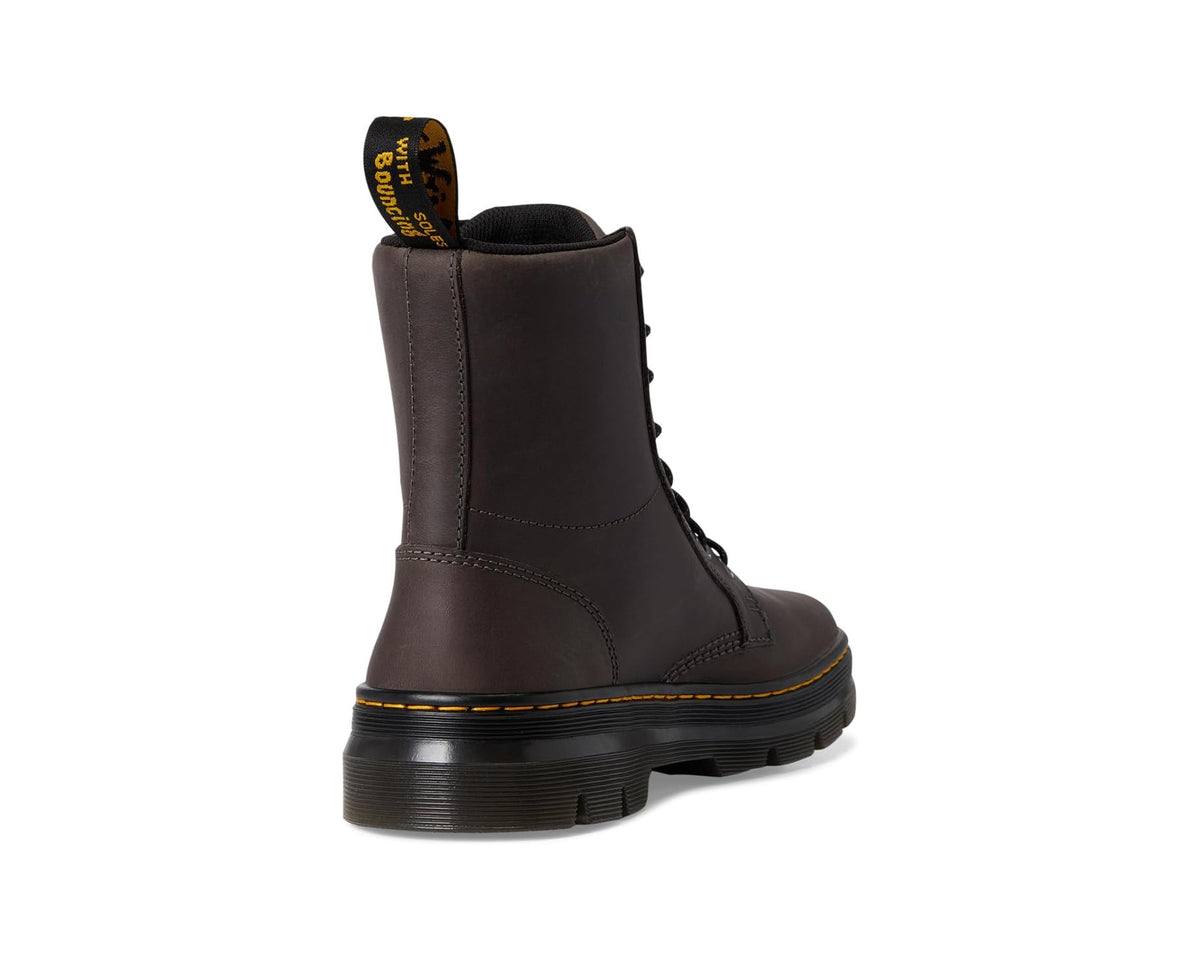 Back view of gunmetal leather lace-up boot with pull-on loop