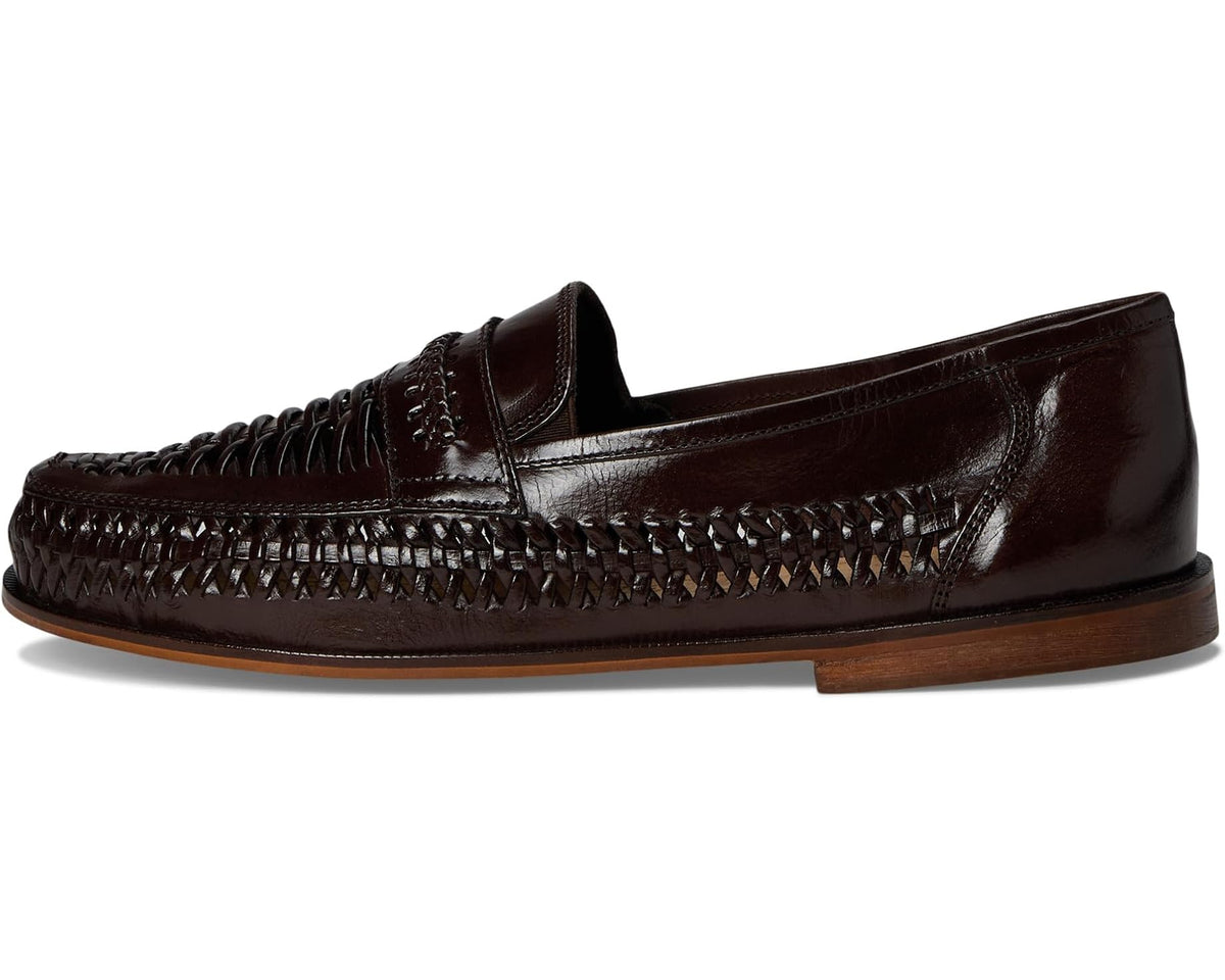 Dark brown leather moc-toe loafer with stitched vamp and braided side trim