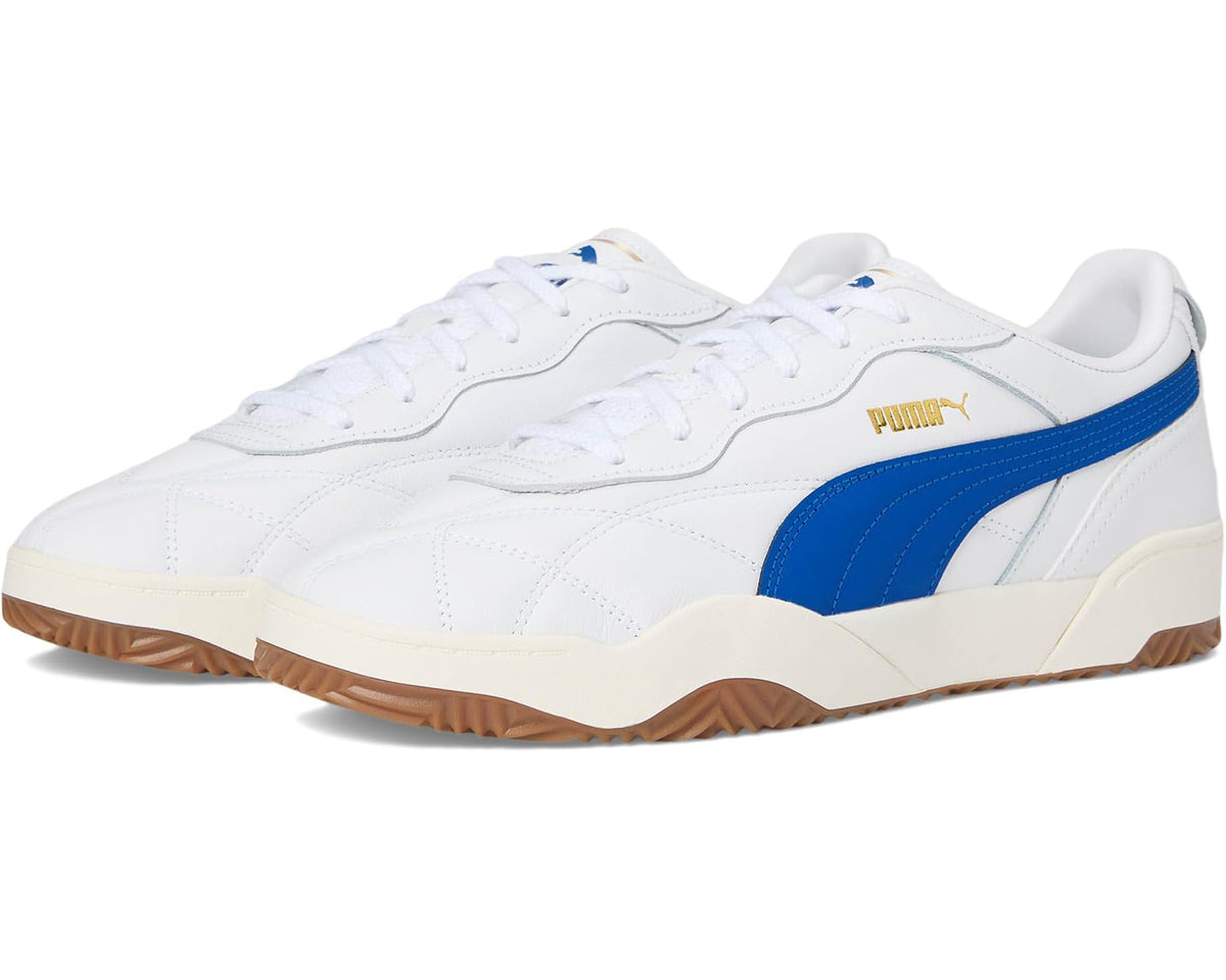 Men's white PUMA Tifosi Lux leather sneakers with blue side stripe and gum sole