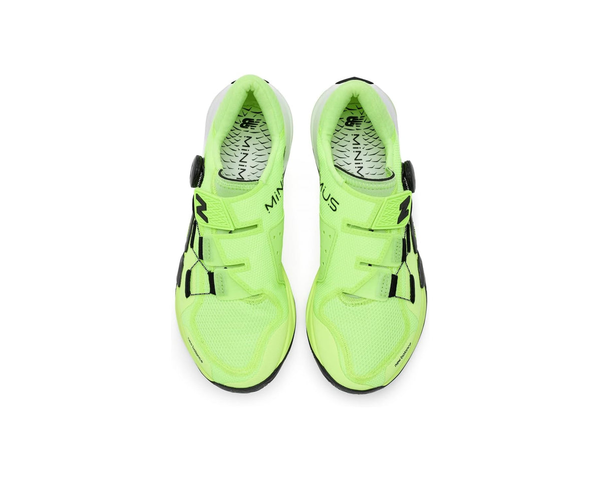 Pair of men's neon green training shoes with black straps and contrasting heel