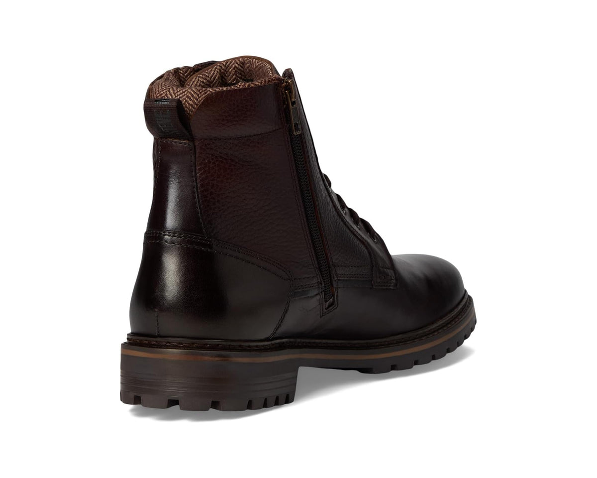 Brown leather lace-up boot with heel counter and fabric-lined collar