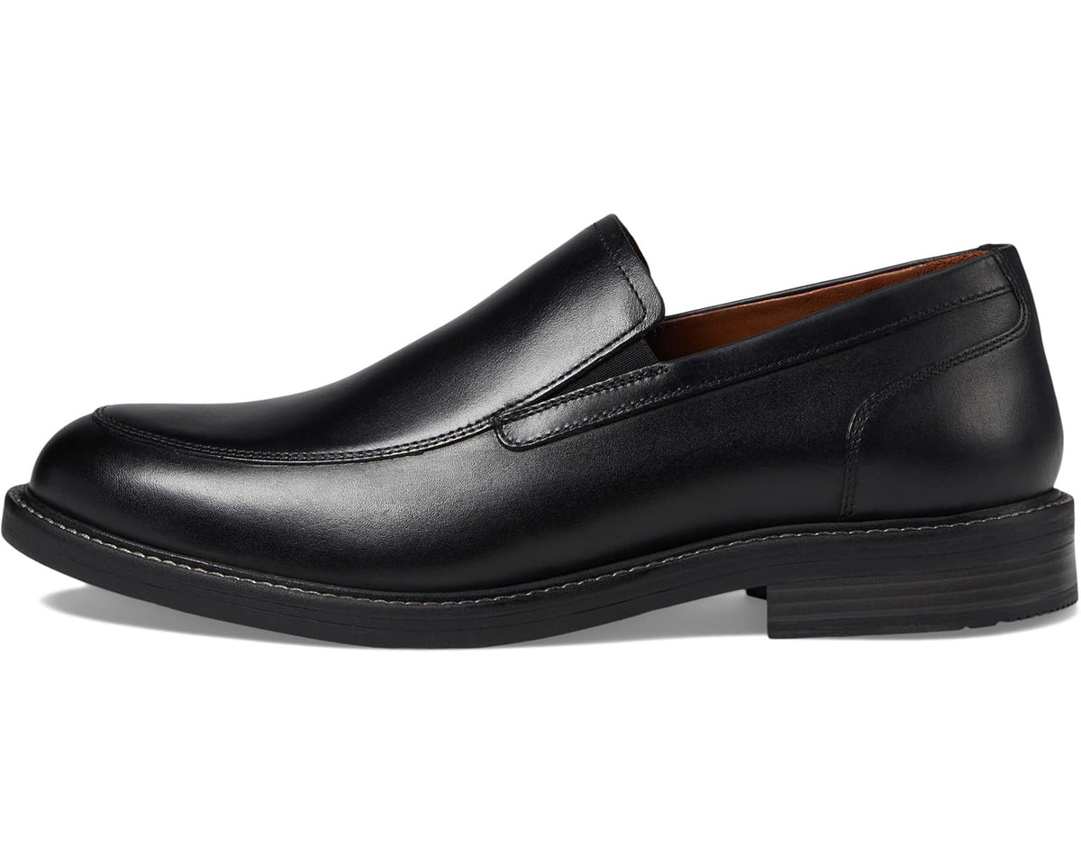 Black leather loafer with stitched strap detailing and low block heel