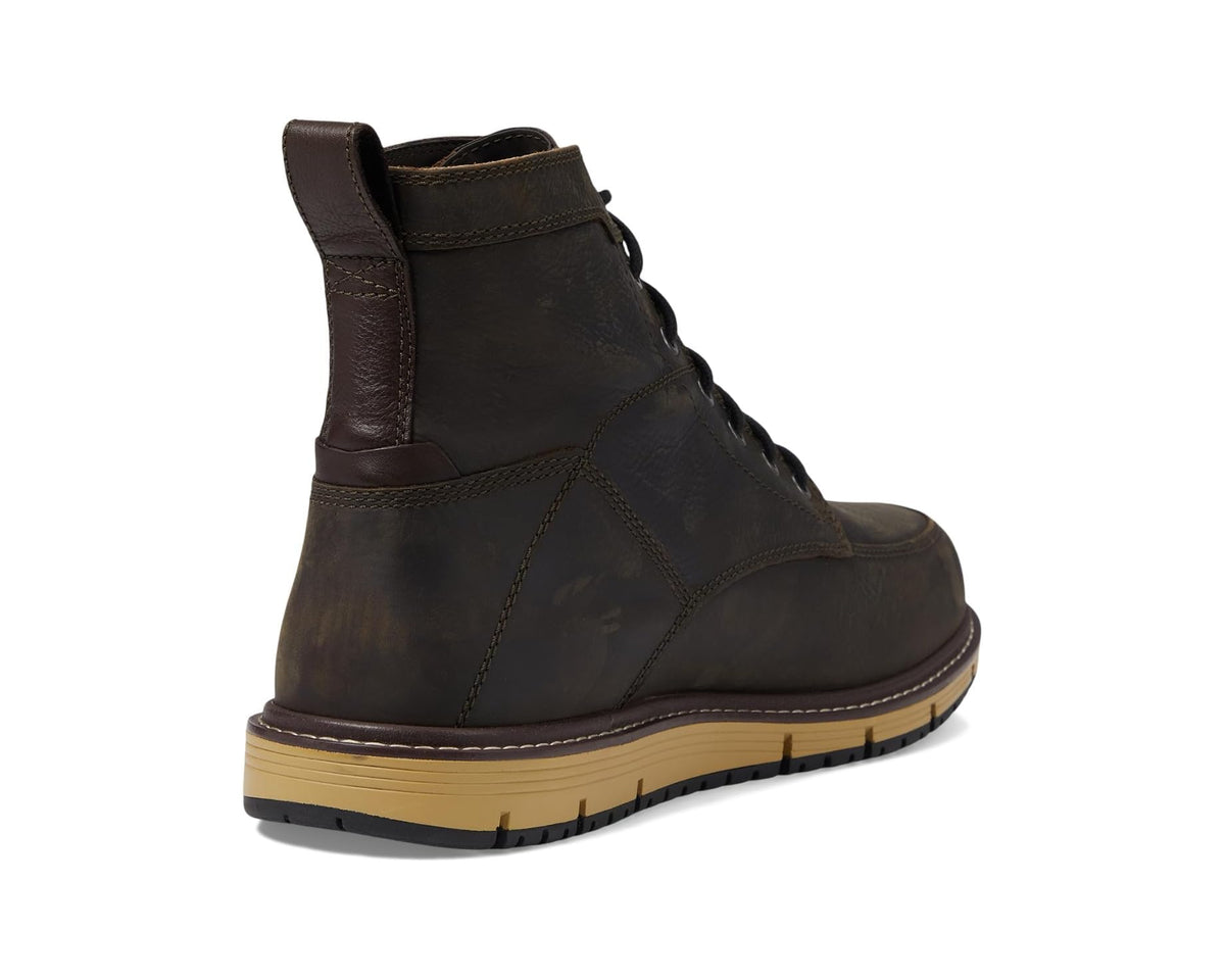 Brown waterproof work boot side view with lace-up closure and padded heel