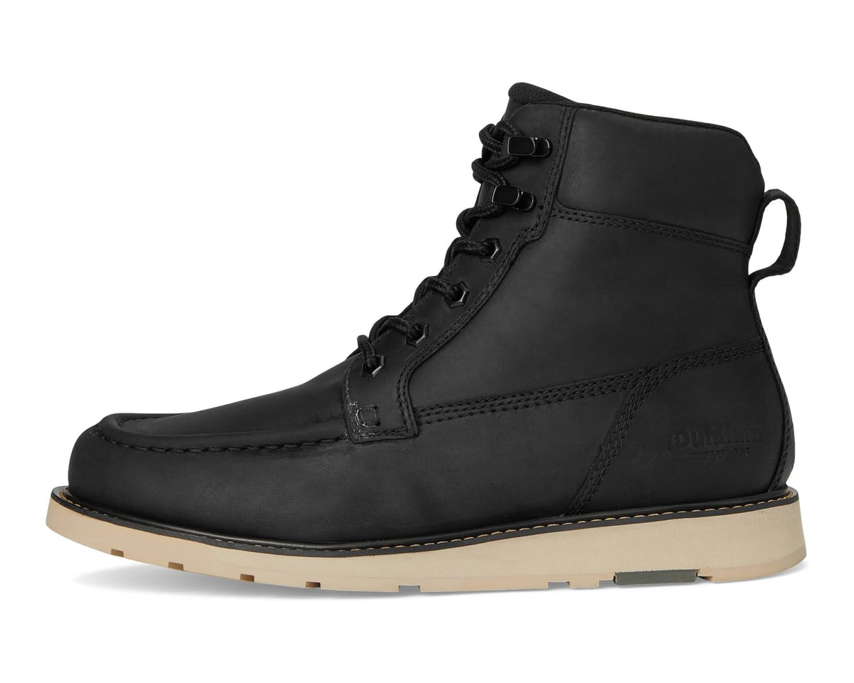 Black leather lace-up ankle boot with pull tab, seam stitching, and rubber sole
