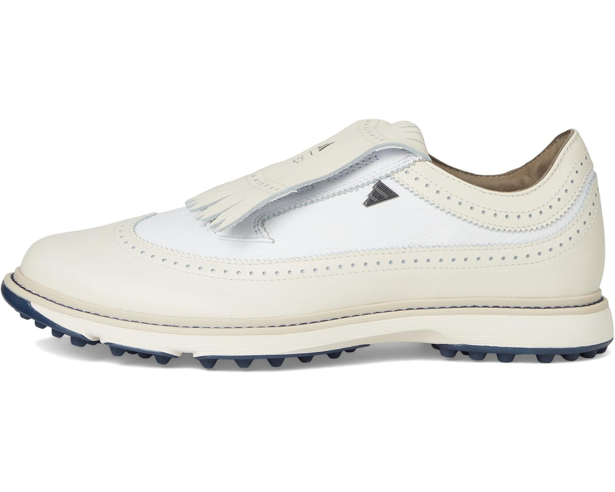 Men's adidas spikeless golf shoes, off-white upper with BOA panel and navy outsole