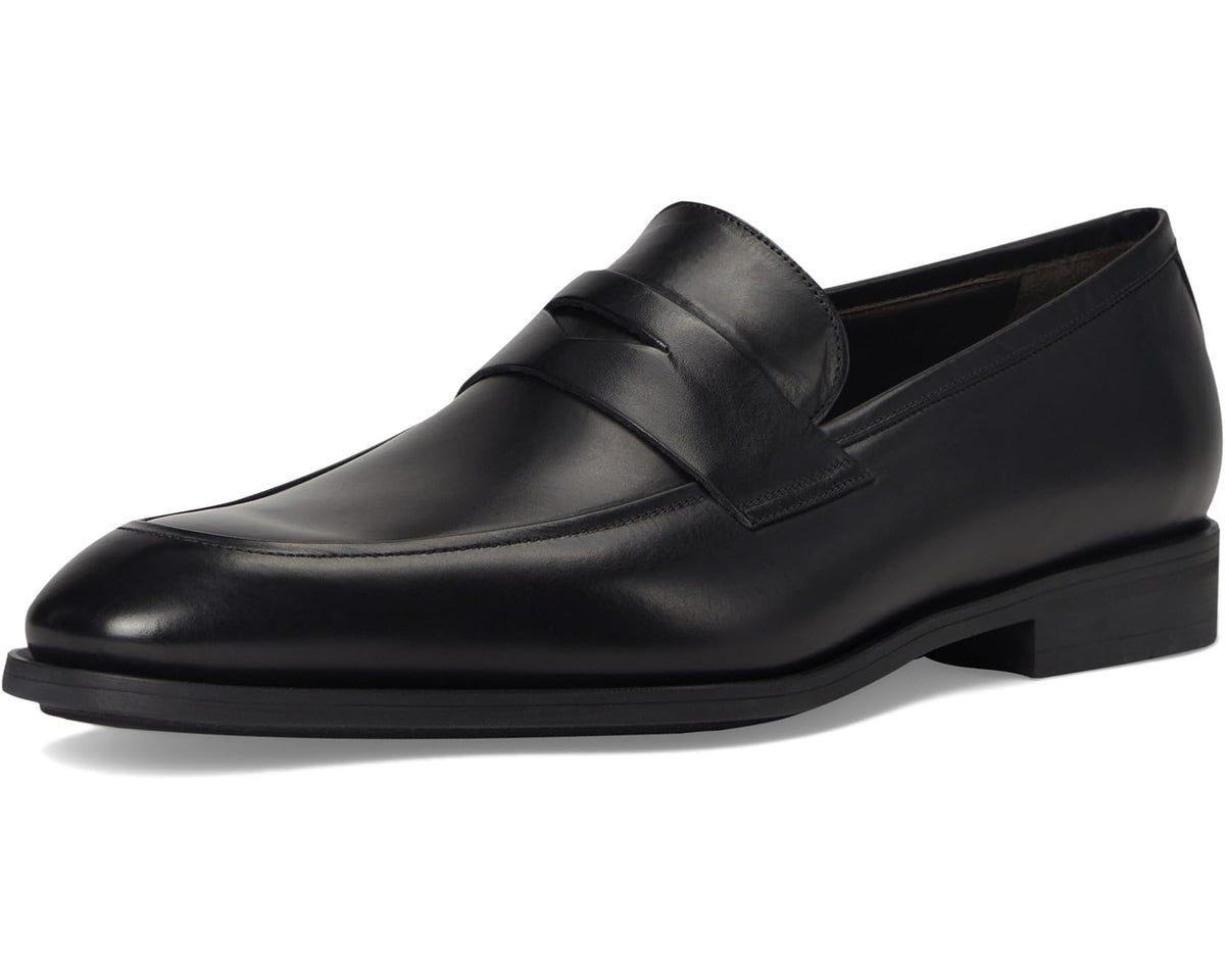 Black leather slip-on loafer with side strap and sleek toe