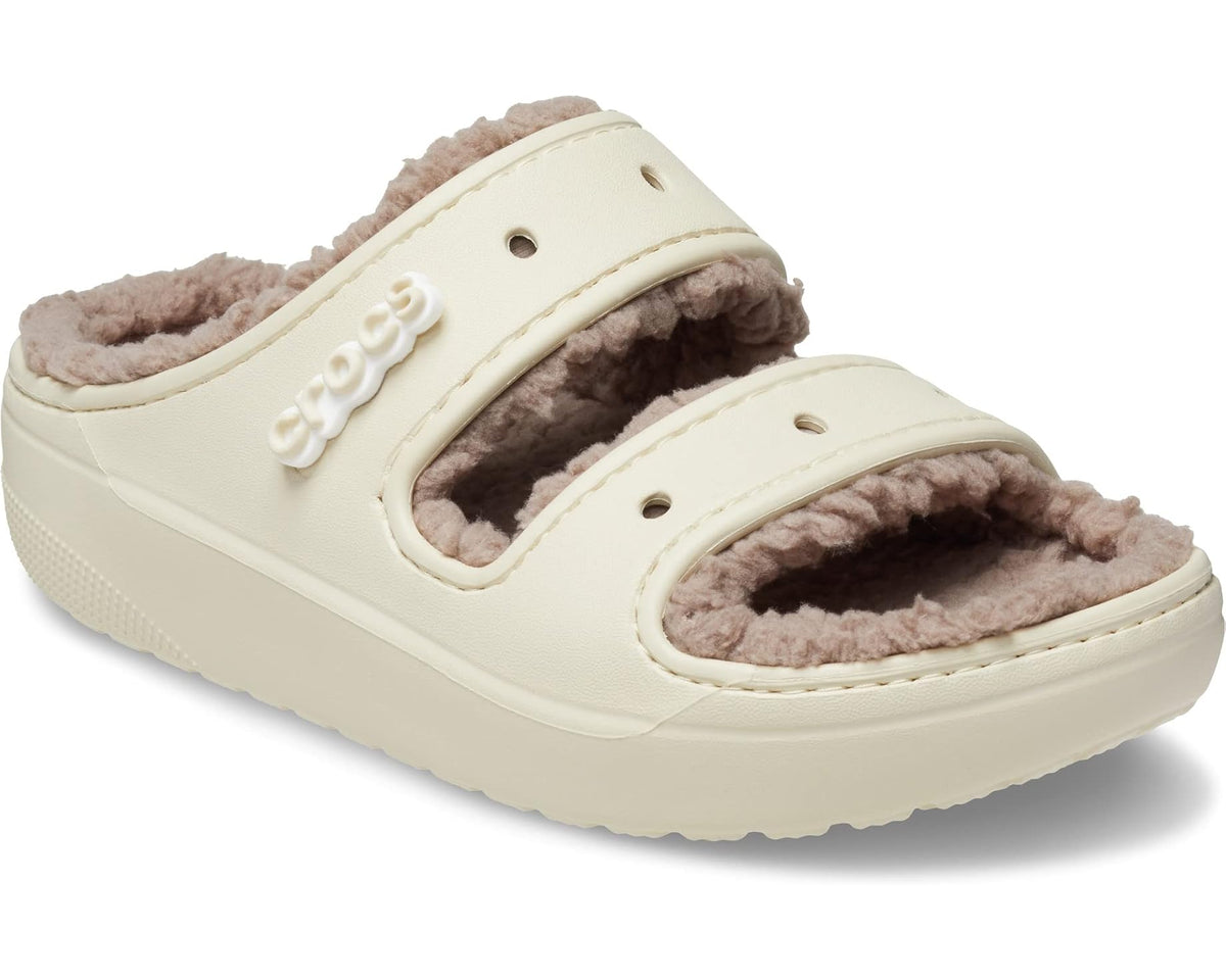 Crocs unisex slip-on sandals with plush faux-fur lining, light bone and taupe.