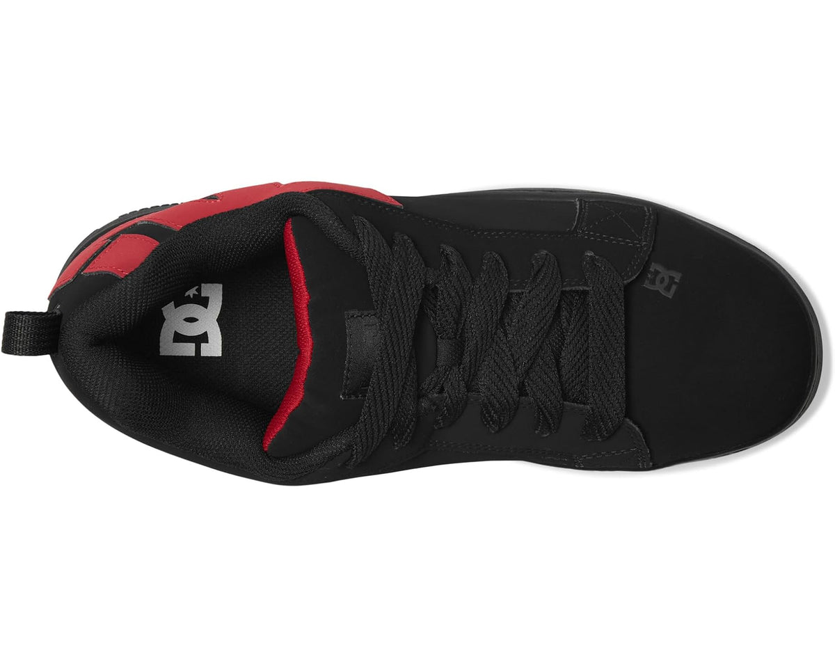 Men's black sneaker side view with DC logo and red heel and lace panel