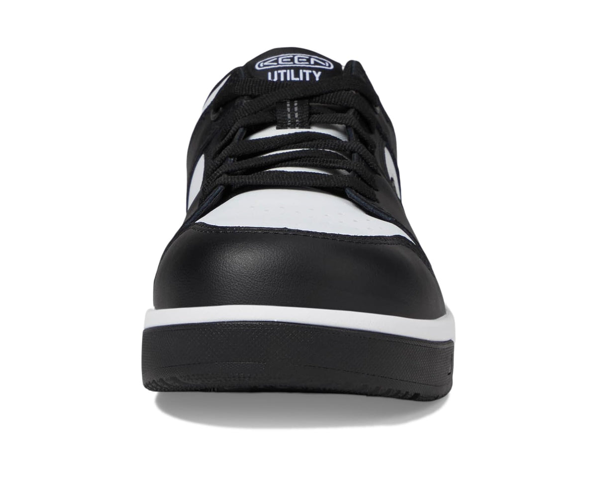 KEEN utility work shoe front view with black toe, white midsole, and laces