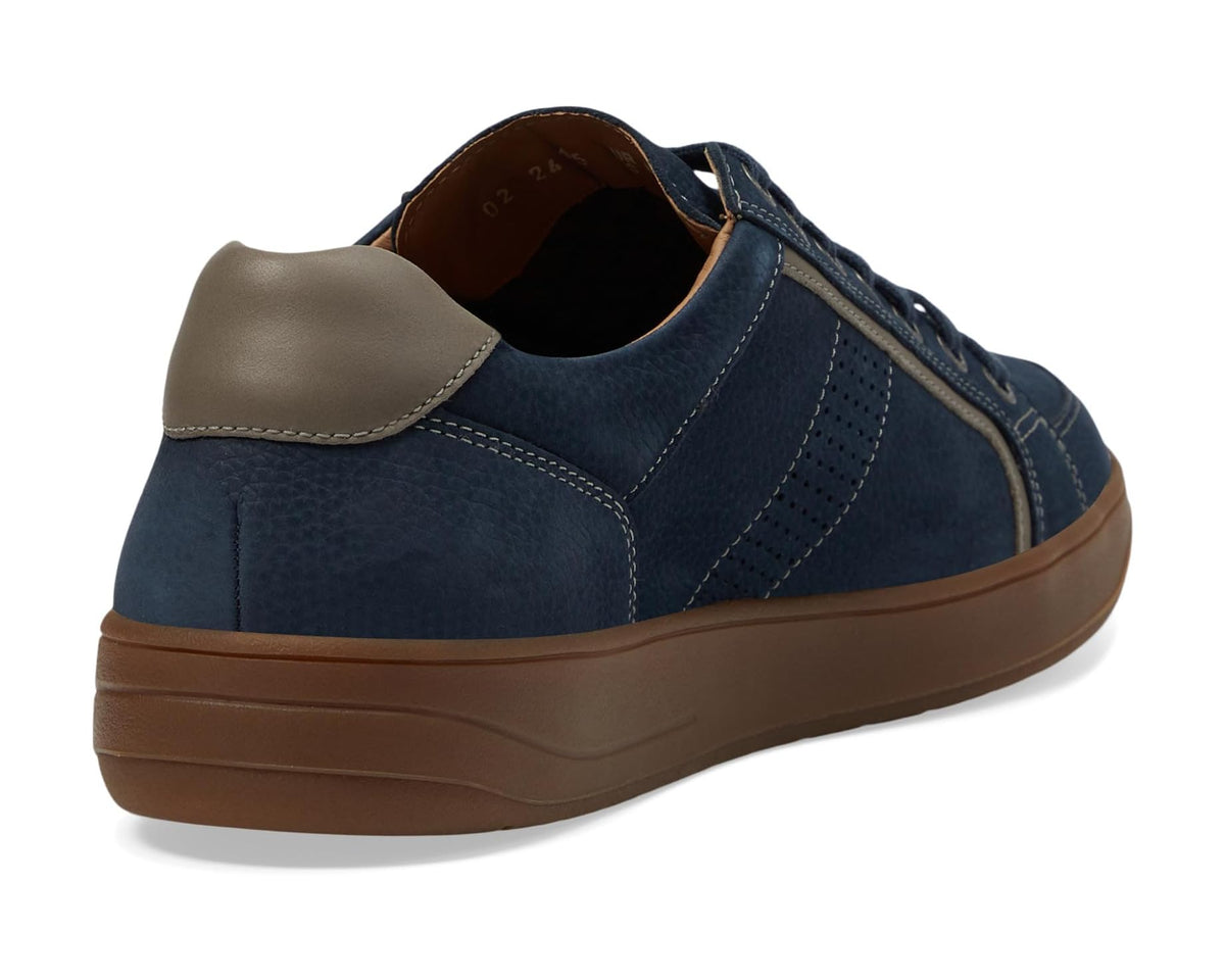 Mephisto Harrison sneaker heel with tan collar lining, blue upper and gum outsole