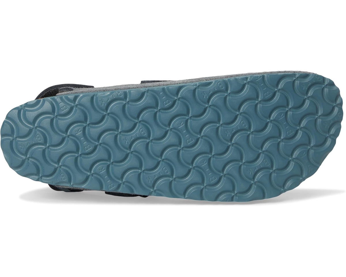 Basalt gray suede clog sandal with textured blue rubber outsole tread