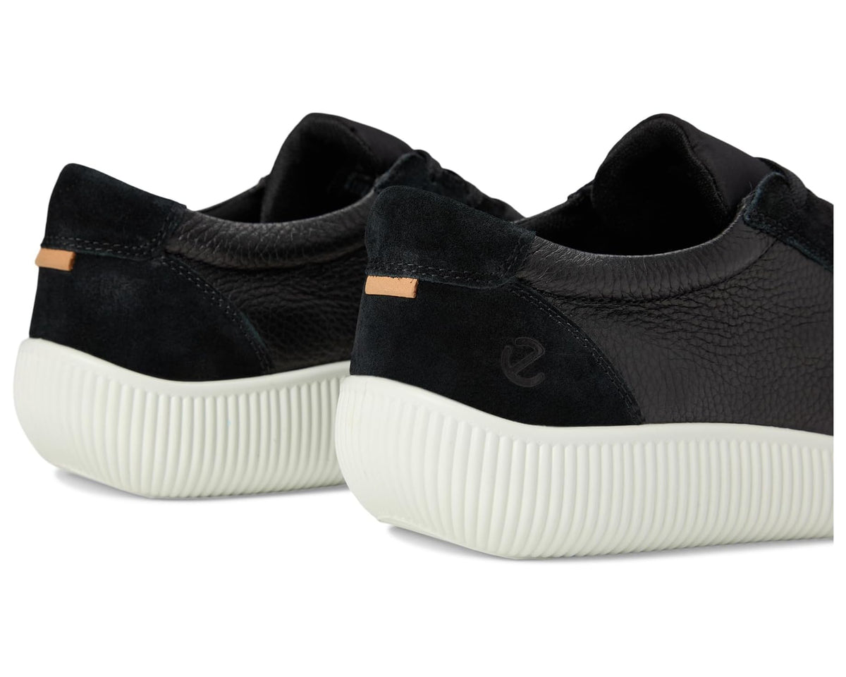 ECCO low-top sneaker pair view in black with suede overlays and white ribbed sole