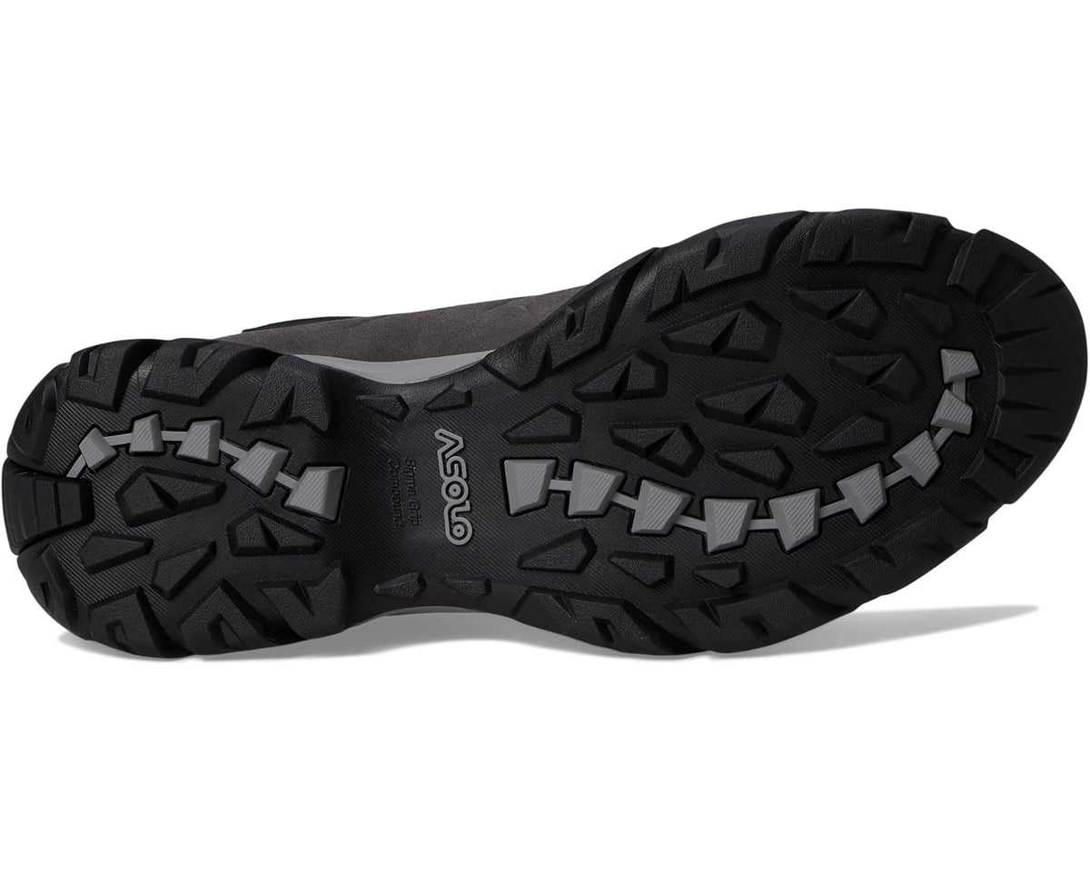 Men's Asolo boot outsole view with textured traction lugs, graphite/black