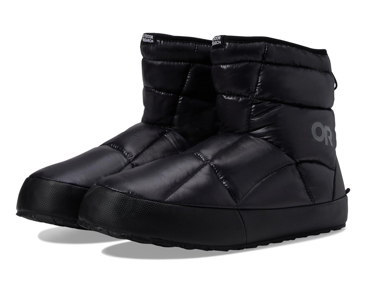 Black quilted puffer booties with fold-over collar and Outdoor Research logo