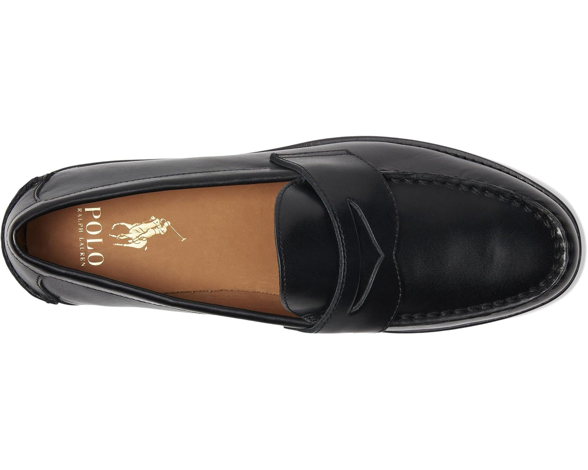 Black leather penny loafer side view, slip-on style with lining