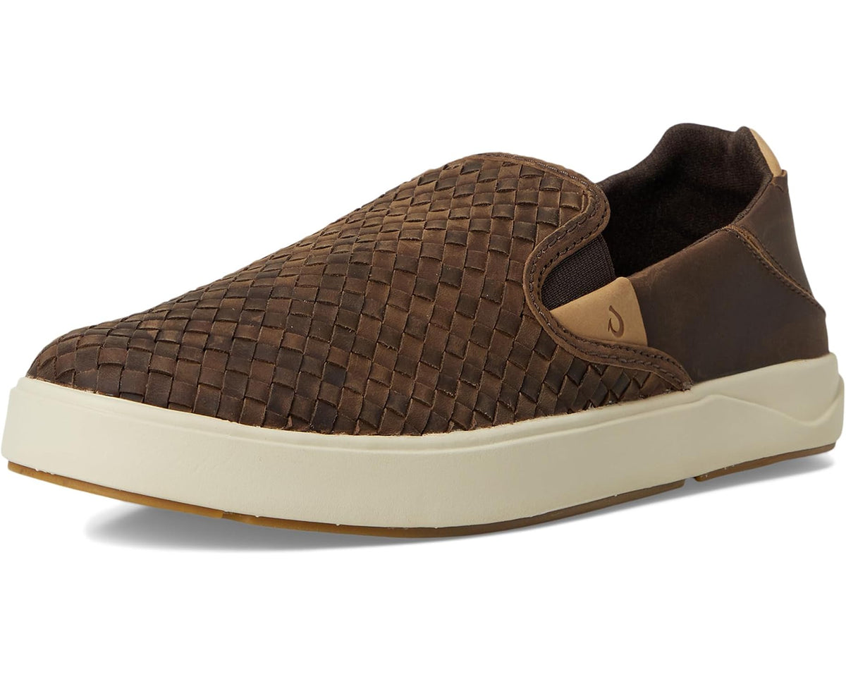 Dark brown woven slip-on loafer with raised collar and white rubber sole