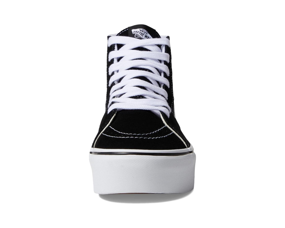 Vans high-top sneakers front view, black upper with white laces and thick white sole