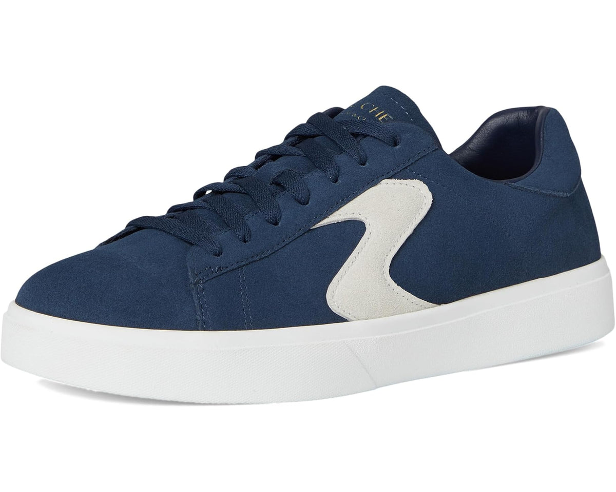 Men's navy low-top lace-up sneakers with off-white S-style logo and white sole