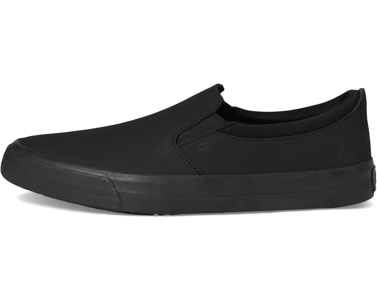 Black slip-on work shoe with stitched upper and cushioned collar
